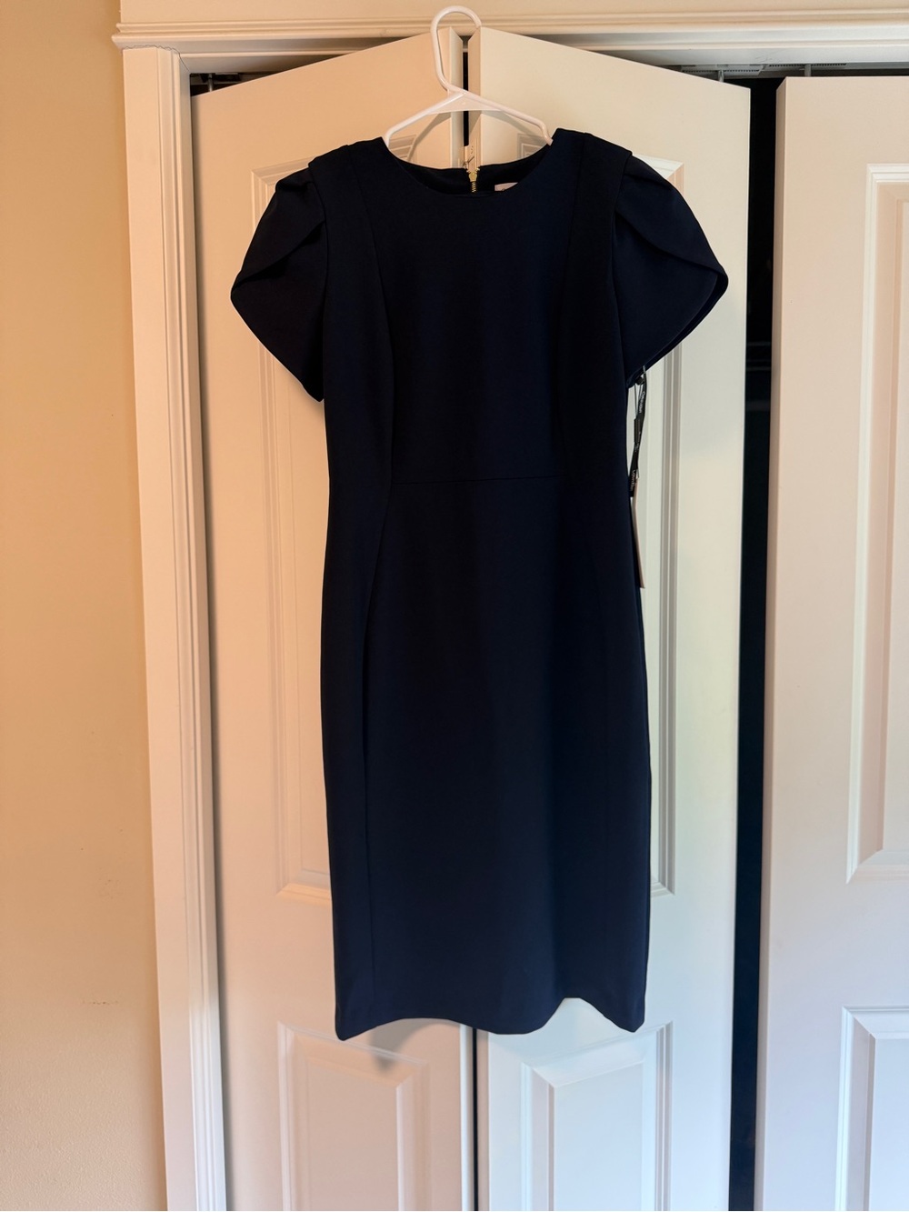 Calvin Klein Tulip Sleeve Sheath Dress, Navy with Gold Zip, NWT Sz 8